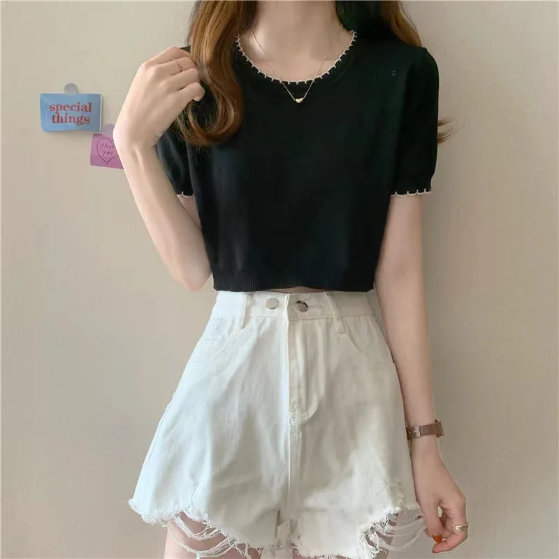 

2022 NEW FASHION WOMEN 2022 Top Round Neck Solid Color Casual Short Sleeve Summer New Style