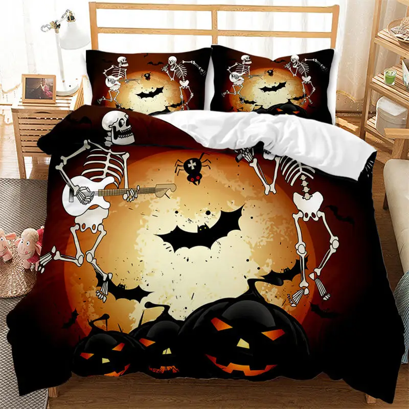 Halloween Duvet Cover Gothic Sugar Skull Bedding Set Microfiber Pumpkin Bat Comforter Cover King For Boys Girls Bedroom Decor