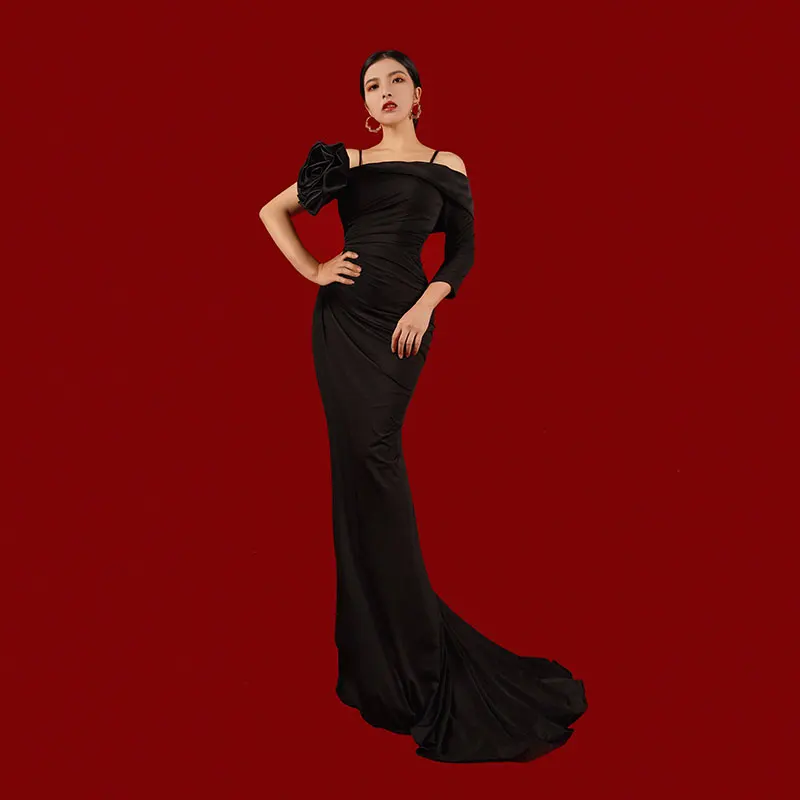 Черное вечернее платье Baisha для женщин с 3d цветами одно плечо простое благородное