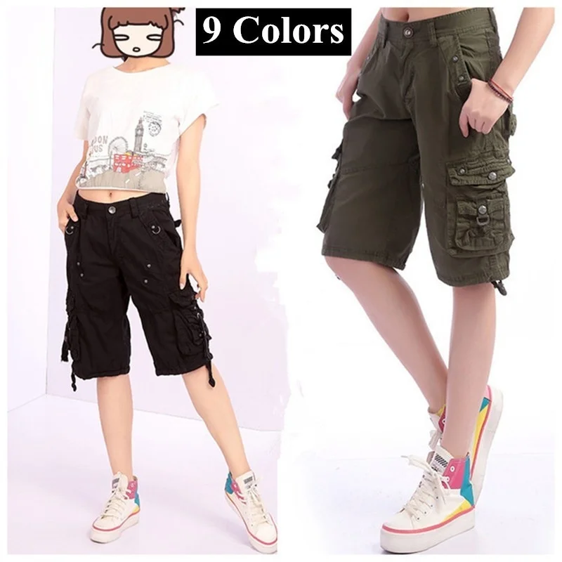 

Summer Outdoor Sports Big Size Baggy Shorts Straight Hiking Knee Length Short Trouser Women's Multi Pocket Overalls Cargo Shorts