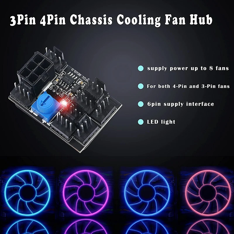 3-контактный 4-контактный адаптер для вентилятора PWM с разветвителем 8-портового охлаждающего кейса PC и регулятором скорости на 12 В с портом питания 6-контактный.