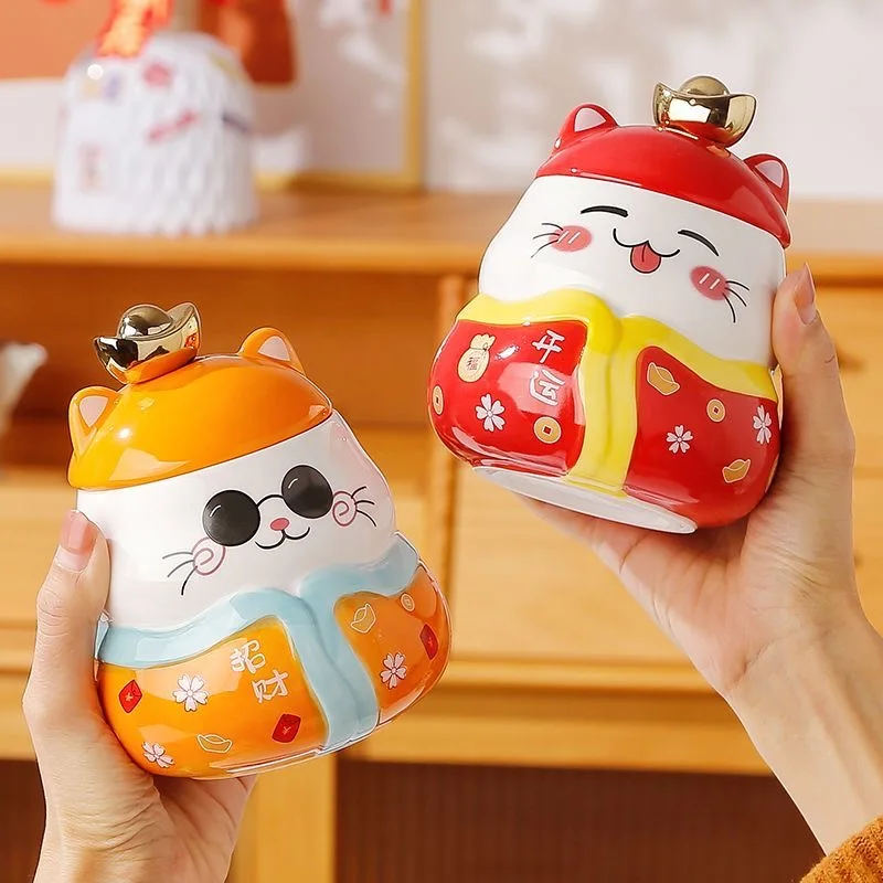 

Japanese Ceramic Cute Lucky Cat Coffee Mug with Lid Large Capacity Maneki Neko Breakfast Milk Mug Office Tea Cup Drinkware 420ML