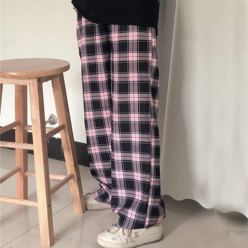 

Black and Pink Plaid Pants Oversize Women Pants High Waist Loose Wide Leg Trousers Ins Retro Teens Straight Trousers Streetwear