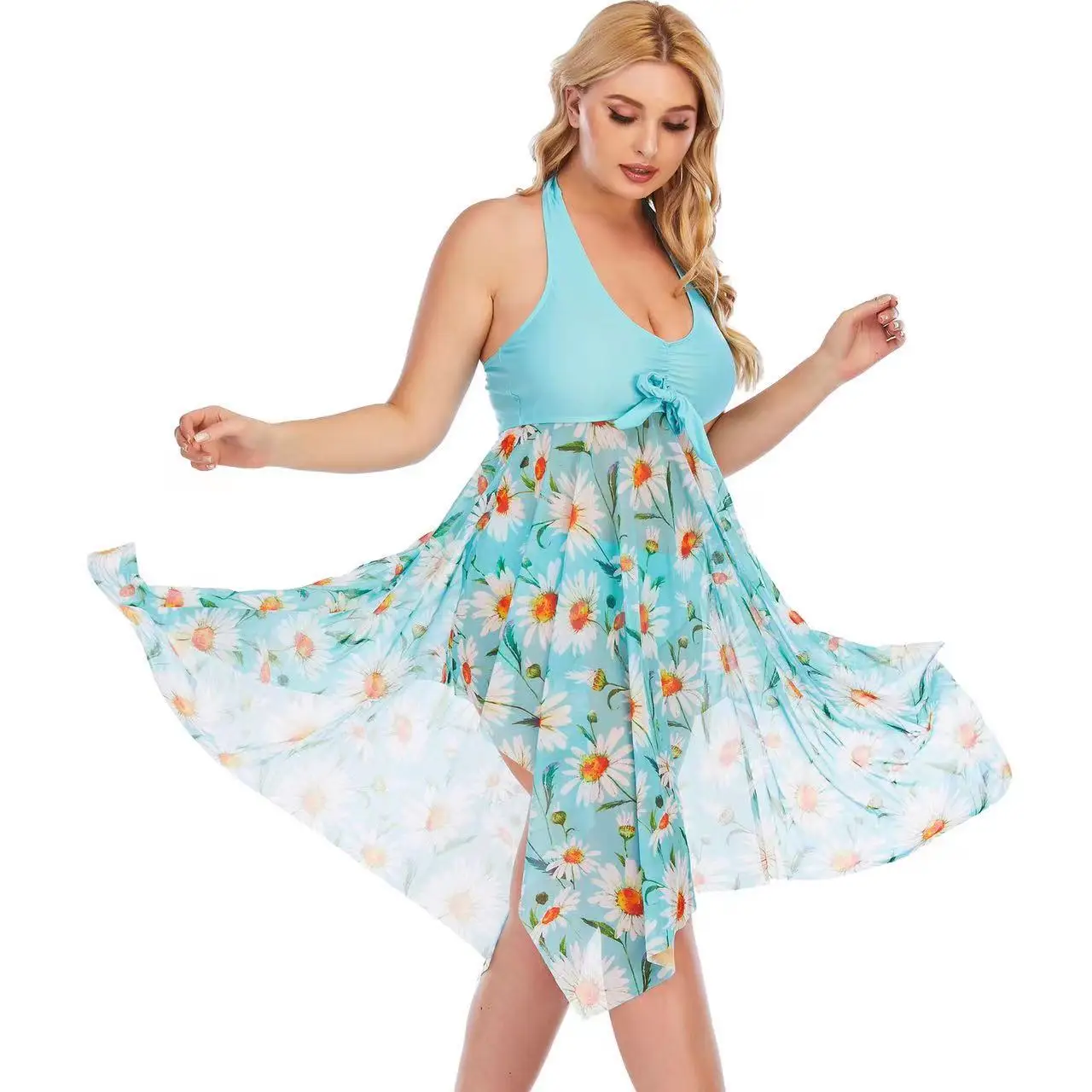 

Two Pieces Swimsuit Coverup for Women Plus Size Swim Dress Outfit 2022 Fashion High Waist Bikinis Bathing Suit Beach Swimwear