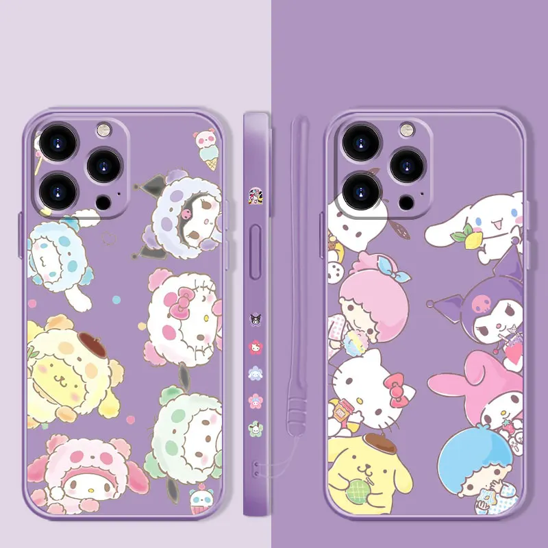 

Family Hello Kitty Kuromi Cinnamoroll Color Liquid Case For Apple iPhone 14 13 12 11 Pro Max 13 12 Mini XS XR X 7 8 6 6S Plus