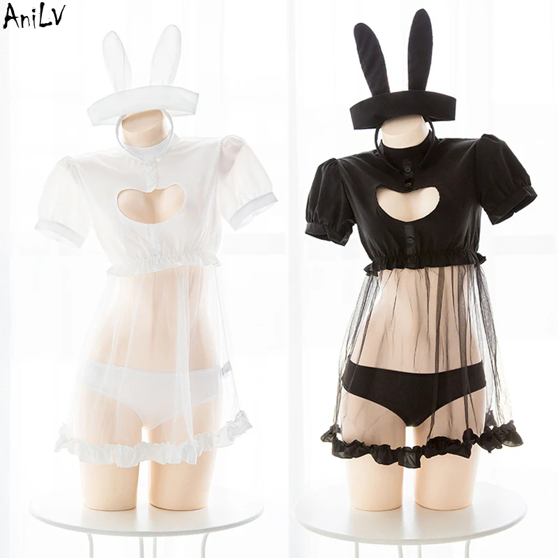 

AniLV Women Chest Love Hollow Bunny Dress Costume Anime Lovely Nurse Maid Uniform Mesh Pajamas Sukumizu Cosplay