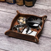 creative retro leather valet trinket folding tray collapsible phone key wallet coin desktop storage sundries box bins accessorie
