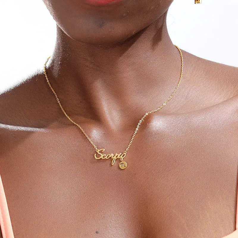 

Wholesale Fashion Hot Sale Ornament Constellation English Necklace Twelve Pendant Stainless Steel Gold Color
