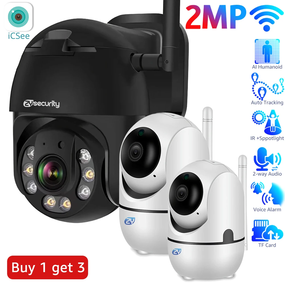 

3pcs - 2MP Wifi PTZ IP Camera Auto Tracking Color Night Vision Wireless Speed Dome Outdoor CCTV Video Surveillance Cameras iCSee