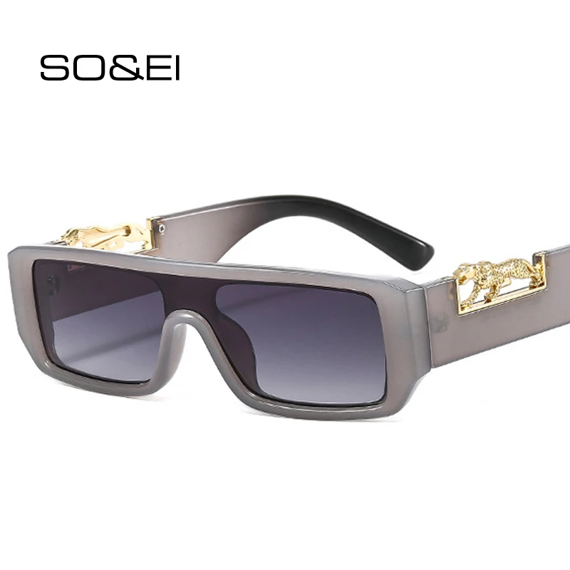 

SO&EI Retro Rectangle Double Color Sunglasses Women Fashion Metal Cheetah Decoration Eyewear Shades UV400 Men Square Sun Glasses