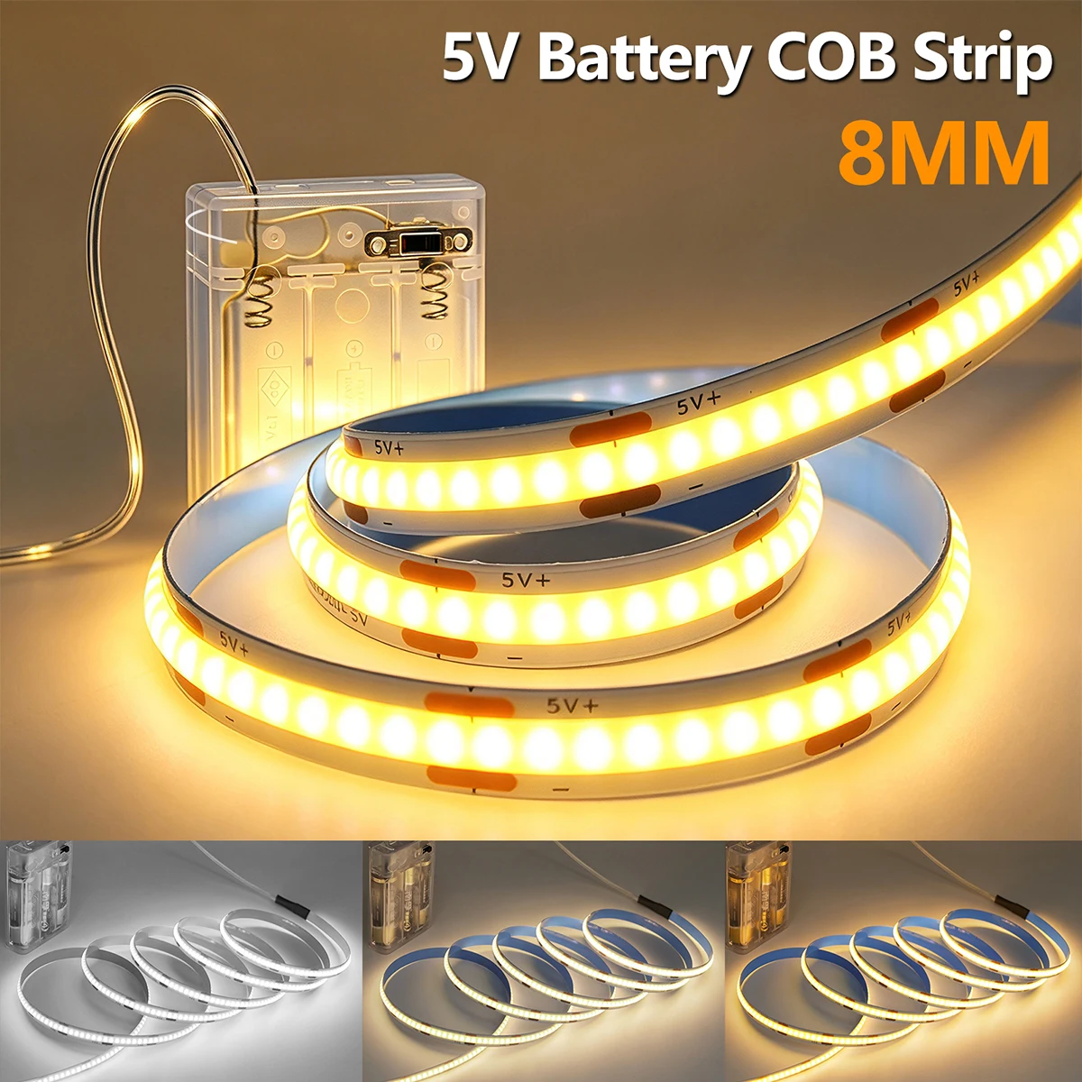 Фото Светодиодная лента COB 5В, 5мм/8мм, на плате PCB, с батарейным отсеком на 3xAA, 320 светодиодов, белая, теплая, красная, синяя, гибкая, яркая, для дома, шкафов, ТВ, фонового освещения, декора №3
