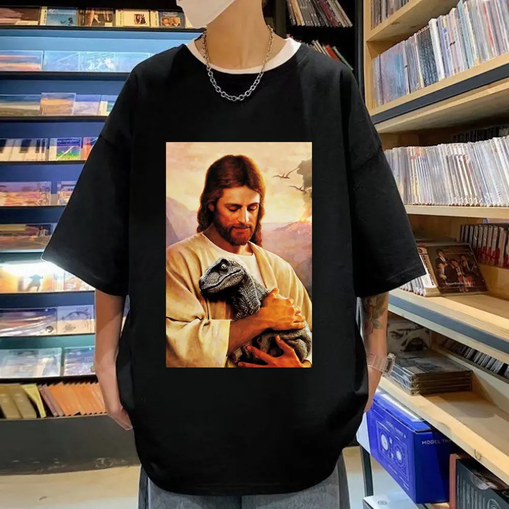 

Jesus Raptor Print T Shirt Men Women Vintage Casual Short Sleeves T Shirts Summer Harajuku Fashion Oversized T-shirt Streetwear