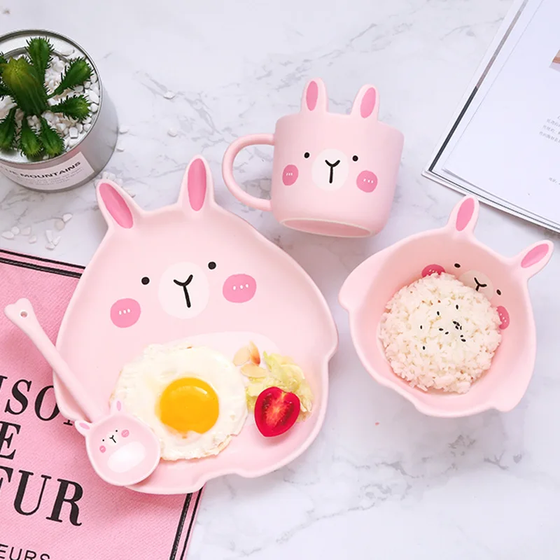 

4Pcs Cartoon Tableware Set Ceramics Bowl Plate Cup Spoon Set Rabbit Totoro Dinner Plate Mug Dinnerware Children Cute Cutlery Set
