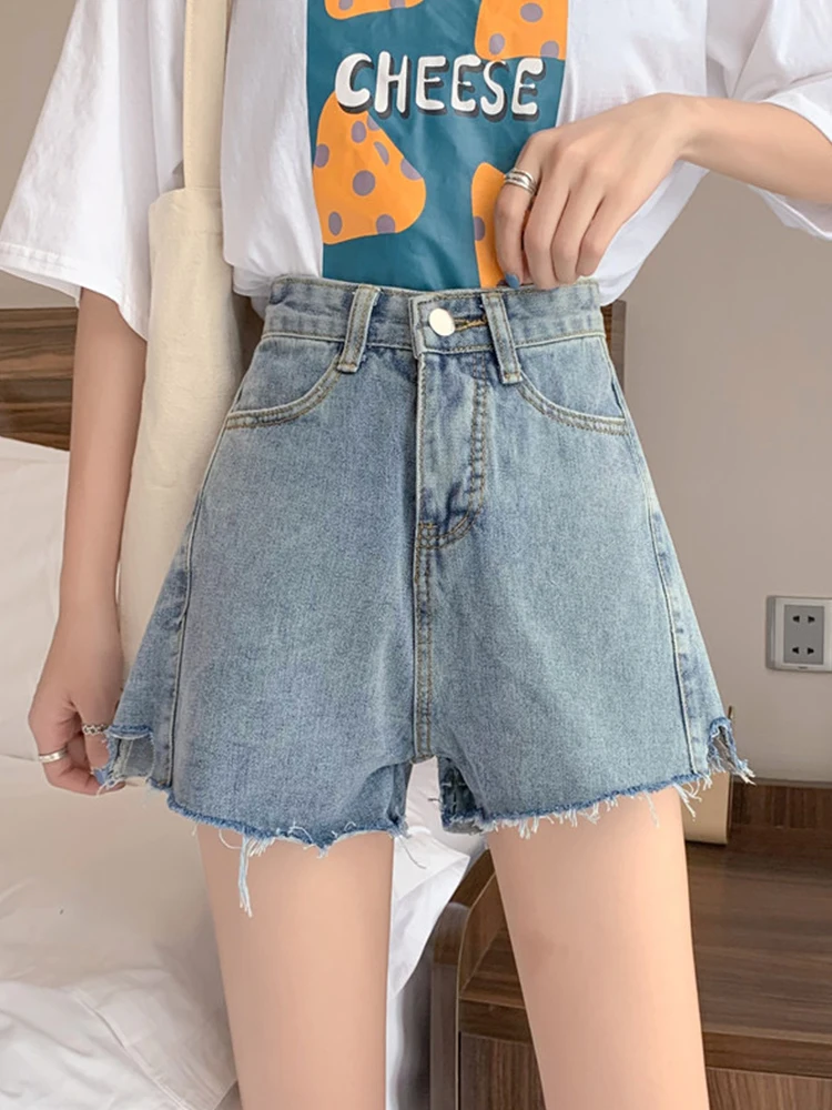 

FTLZZ Summer Women High Waist Wide Leg Frayed Raw Hem Washed Blue Denim Shorts Streetwear Female Hole Loose Jeans Shorts Bottoms