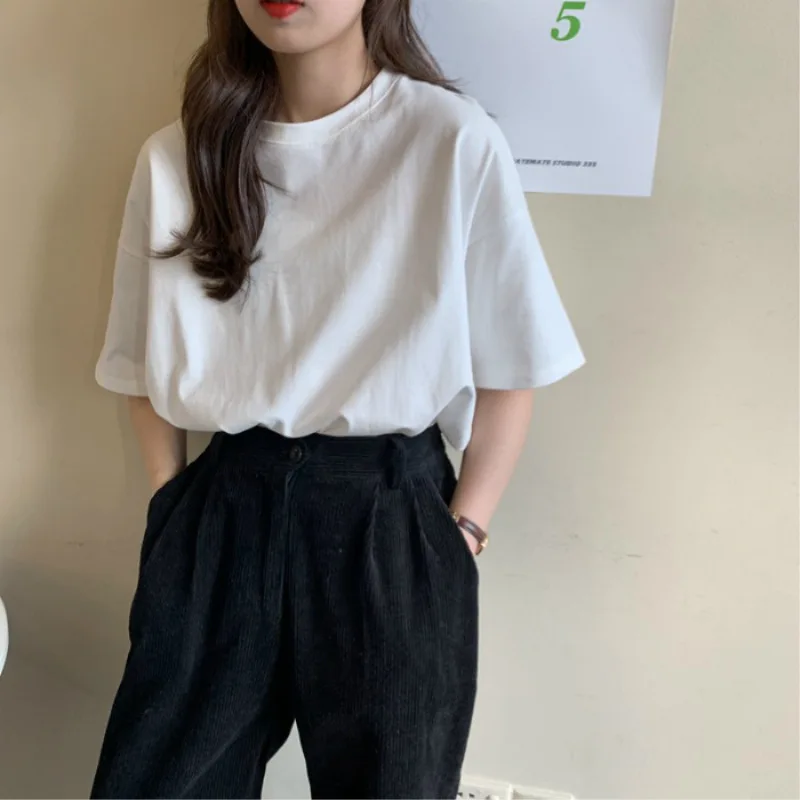 

2022 New Summer T Shirt Women Soft Free Loose Hot Sale Solid Fresh Casual Natural Short Basic Shirts 4 Colors