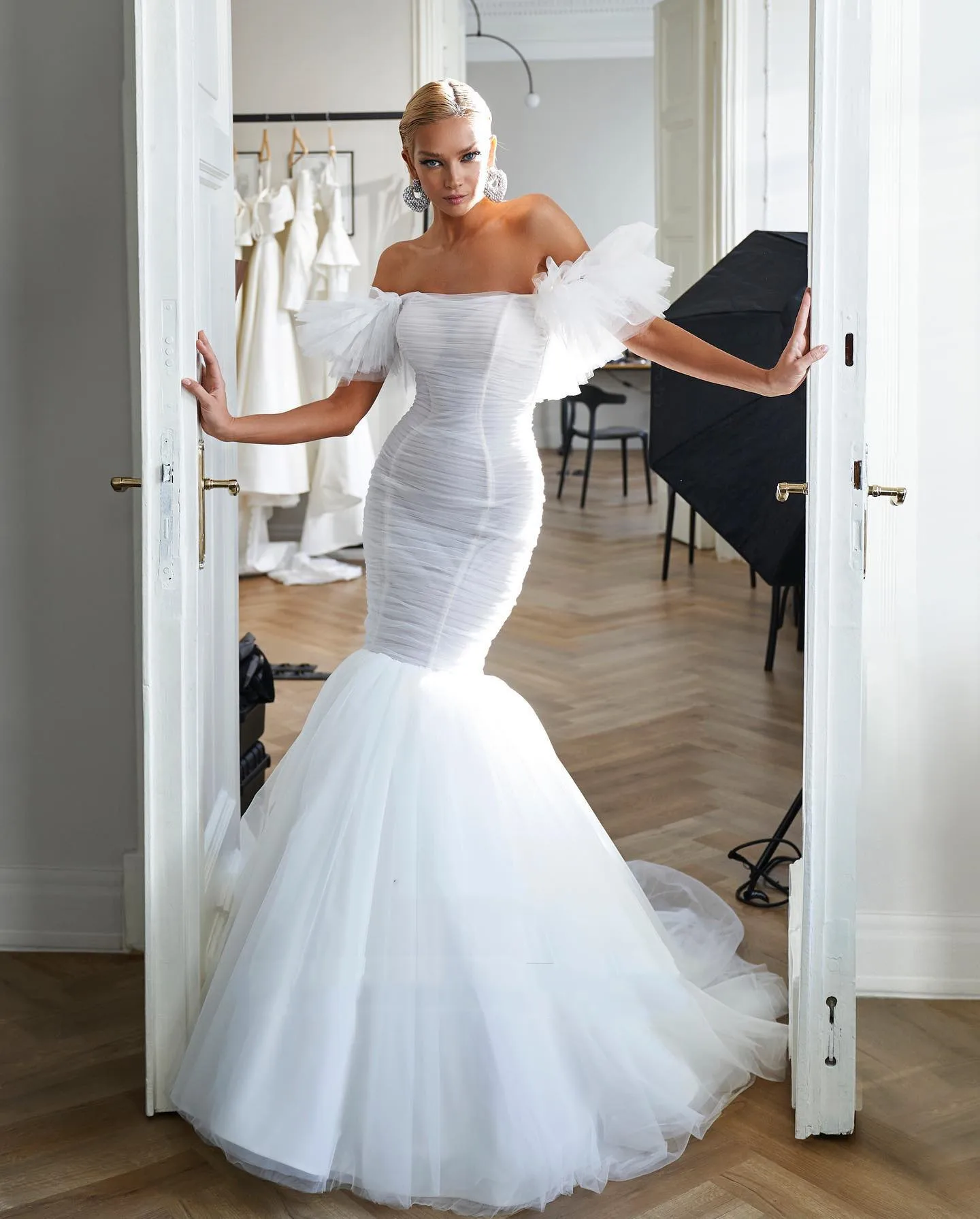 

Boho Mermaid Wedding Dresses 2024 Bride Gowns Off The Shoulder Pleated Tulle Formal Bride Dresses Princess vestidos de novia