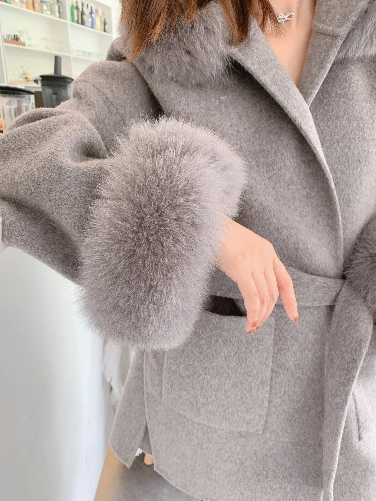 2023 New Real Fur Coat Winter Jacket Women Natural Fox Fur Collar Hooded Outerwear Oversize Loose Cashmere Wool Blends Overcoat