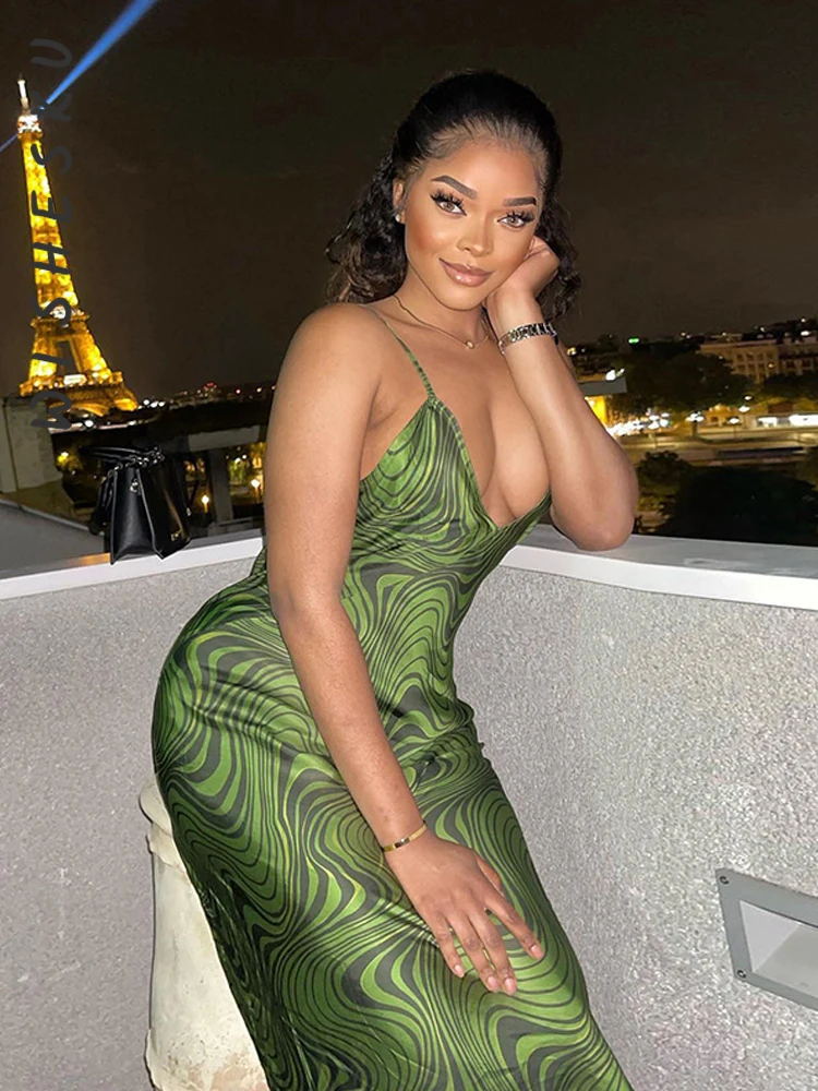 

Женское платье-макси с открытой спиной, зеленое элегантное платье в полоску на тонких бретельках с принтом, лето 2022