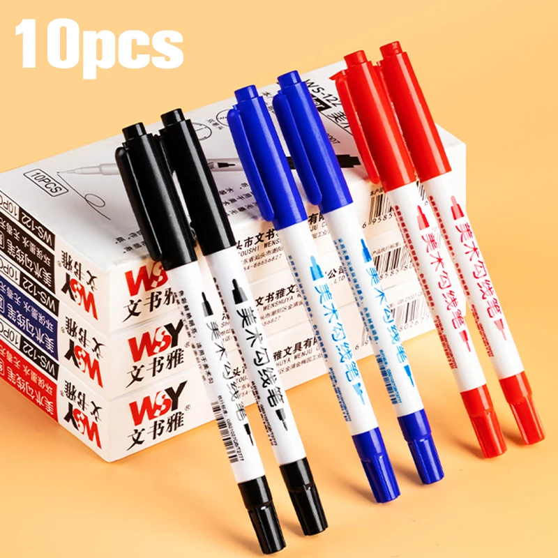 10Pcs Double-headed Line Pen Painting Stroke Hook Line Oily Waterproof Marker Pen Wear-resistant Fiber Pen Ink Pen Art Office