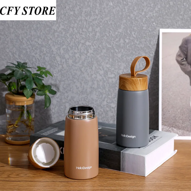 

280ml Wood Grain Lid Stainless Steel Thermos Flask Coffee Cup Tea Mug Outdoor Mountain Climbing Water Bottle Direct Drinking Cup