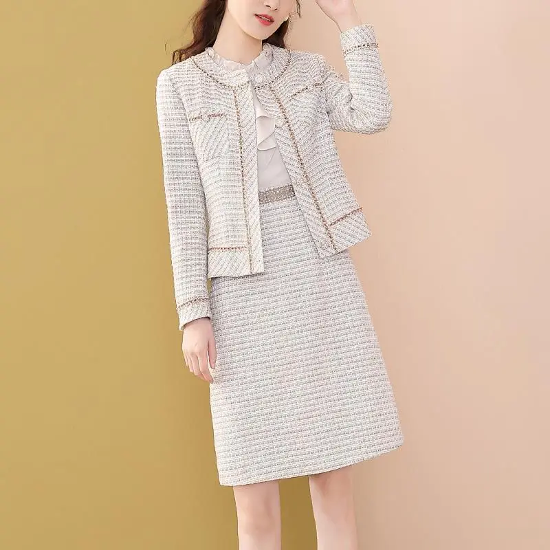 Women 2023 Autumn Winter Fashion Suit Female New O-neck Slim Coats + Long Sleeve Patchwork Dress Ladies Two Piece Sets G116