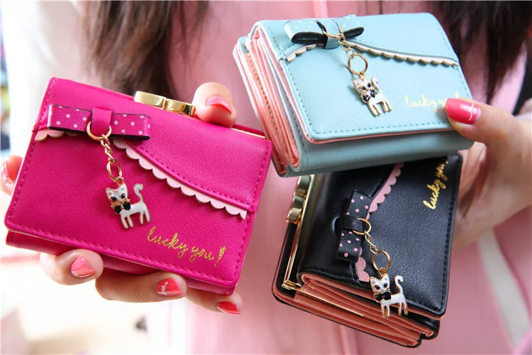 

Женский кошелек, женский короткий кошелек с бантом и котенком