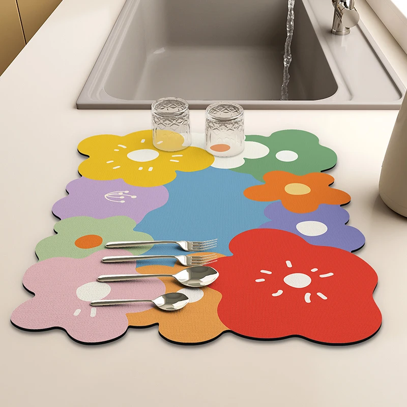 

Cream Blossom Kitchen Sink Countertop Mats Pads Super Absorbent Easy Clean Pad Tableware Draining Cushion Kitchen Coffee Table