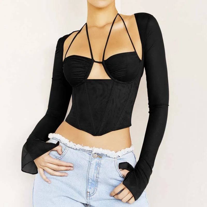 

2022 Spring And Summer New Fashion Europe And America Sexy Mesh Square Neck Hollow Perspective Open Navel T-shirt Women's Top
