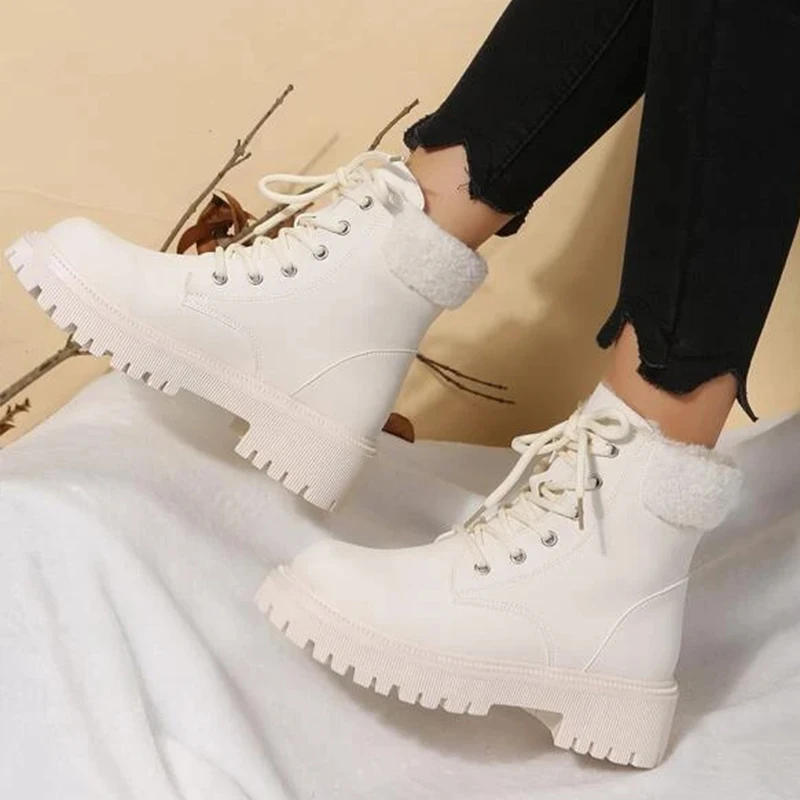 

Winter Warm Fur Women Motorcycles Boots Fashion Trend Design Platform Chunky Heel Round Toe Solid Leather Cool Ladies Shoes