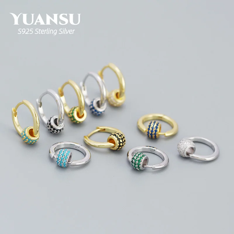

S925 Sterling Silver Lucky Transfer Beads Colorful Zircon Unique Huggies Hoop Earrings for Women European Elegant Jewelry Gifts