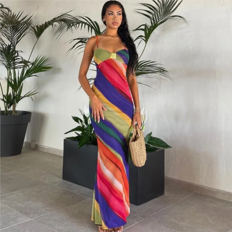 

Maxi Dress For Women Summer 2023 Vintage Female Clothing Tight Color Stripe Print Skirt Polyester Kaftans Fall Outfits Casual