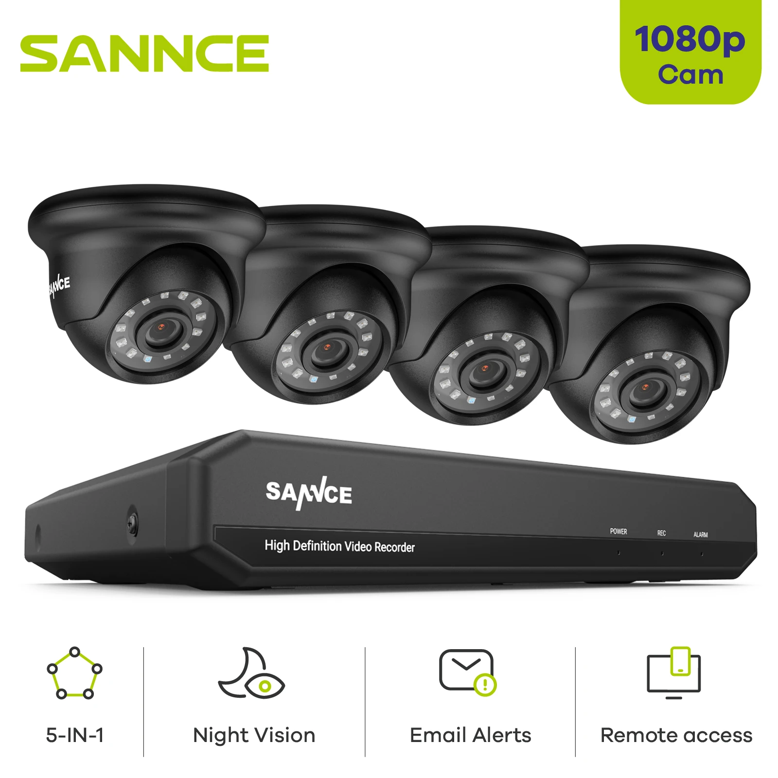 

SANNCE 4CH 1080P Lite Video Security System 5IN1 1080N DVR With 2X 4X 1080P Outdoor Waterproof Home Video Surveillance Cameras