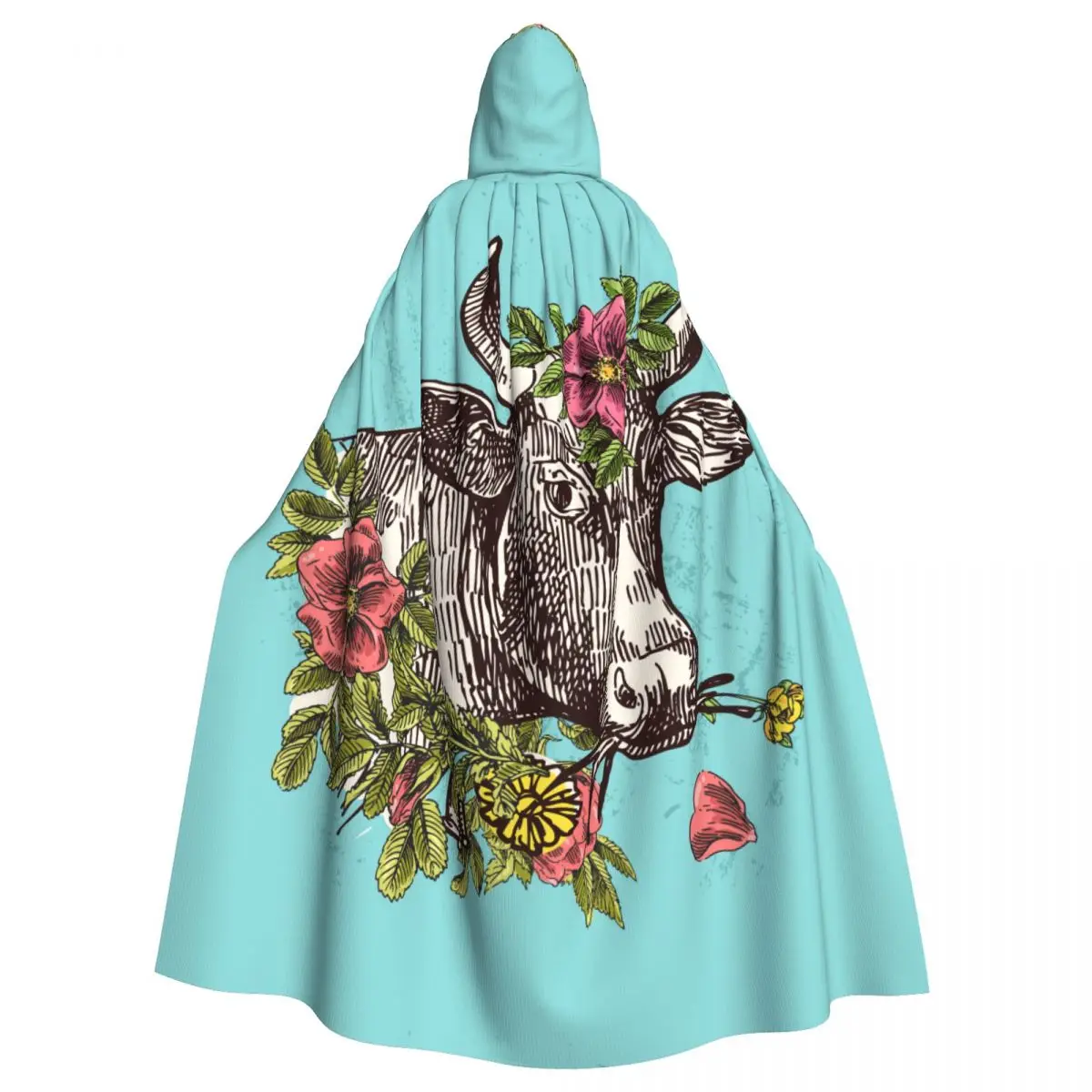 

Adult Cloak Cape Hooded Sketch Cow Head With Flowers Medieval Costume Witch Wicca Vampire Elf Purim Carnival Party