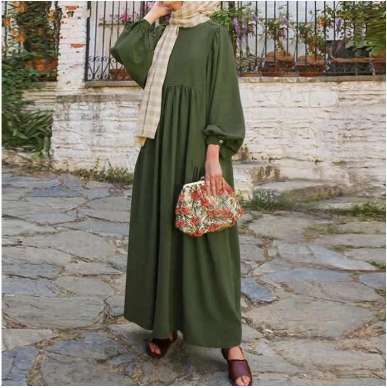New Muslim women's pure color round neck lamp sleeves loose casual fashion women's dress