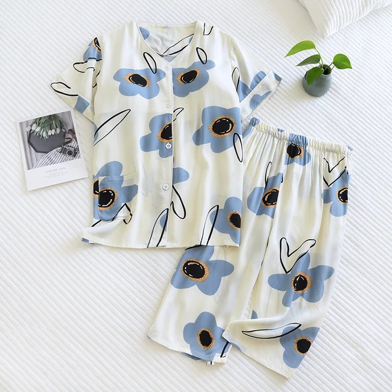 New Ladies V-Neck Cardigan Pants Pajamas Set  Printed Women Comfort Sleepwear Soft Thin Homewear with Chest Pijama