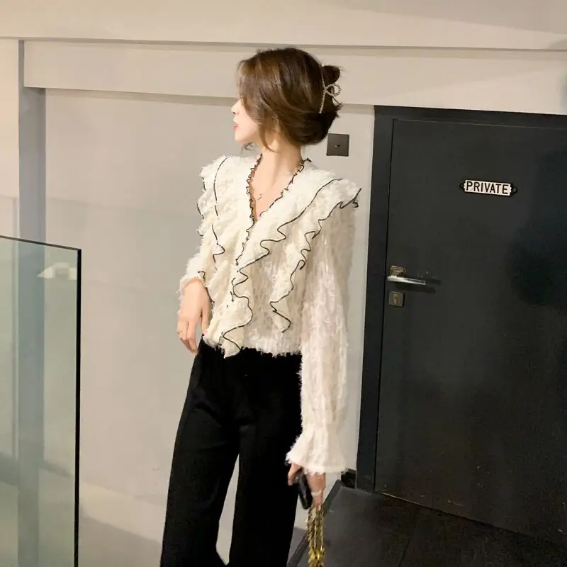 

Новинка весна-осень 2022, стильная французская Ретро блузка с вырезами, рубашки с длинным рукавом, Женский вязаный свитер