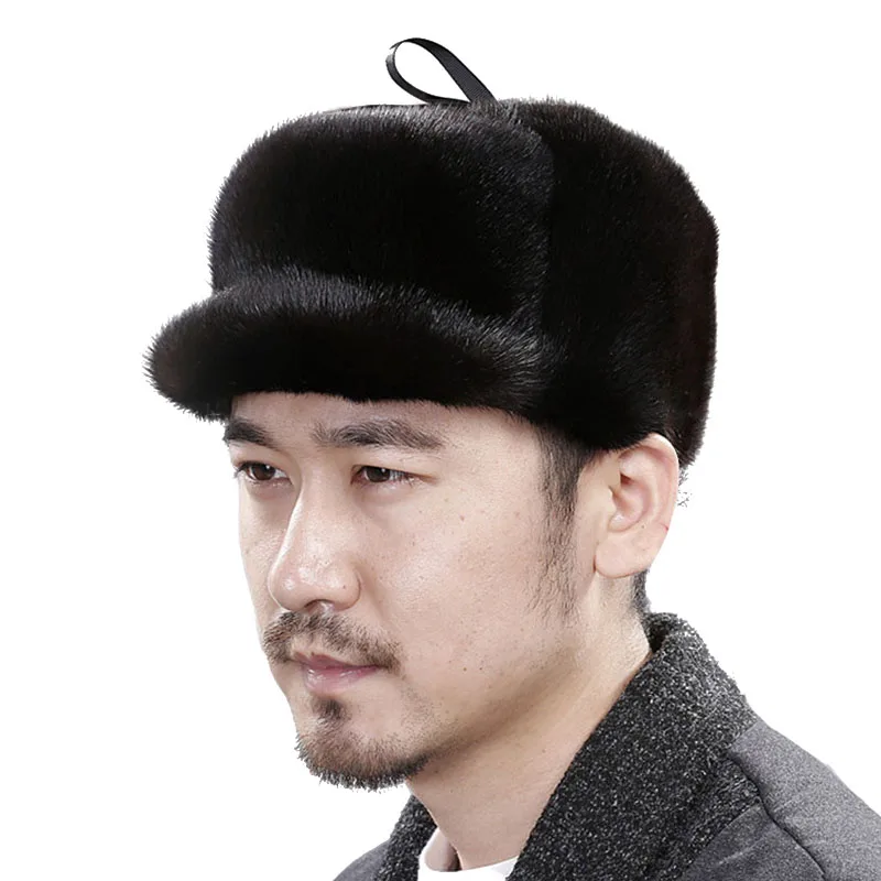 Russian Hat Ushanka Men Winter Thickened Warm Beanie Caps Korean Fashion Ushanka Earflap Pilot Hat Bomber Real Mink Fur Hat