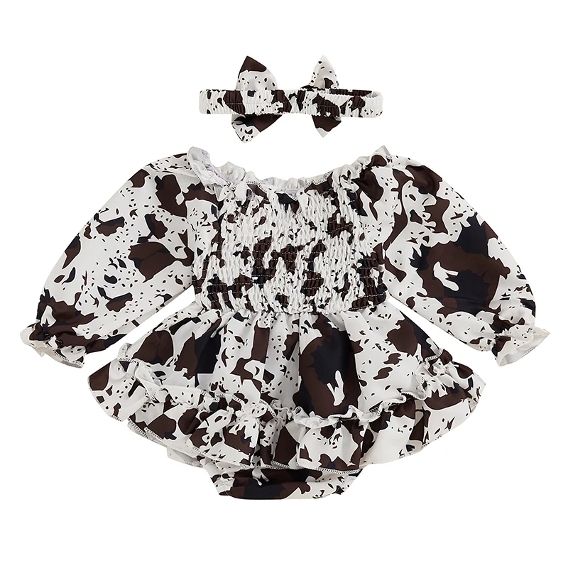 Baby Girls Spring Romper Dress Long Sleeve Off Shoulder Cow Print with Headband