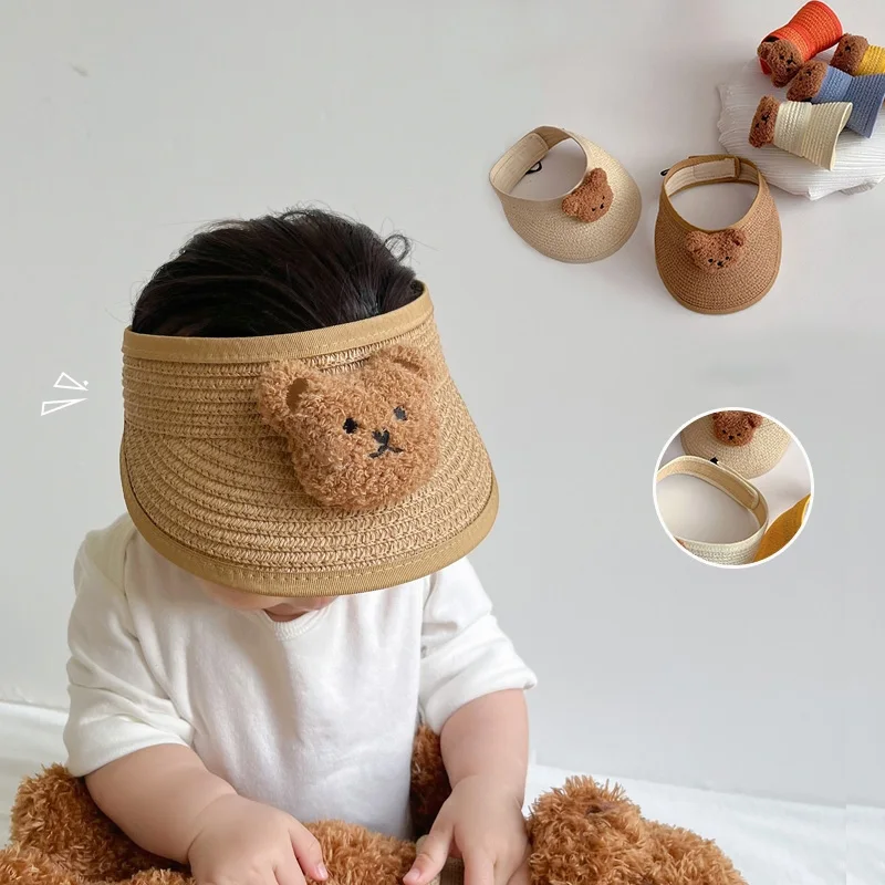 

Cute Bear Children Straw Sun Hat Cartoon Empty Top Visor Cap For Boy Girl Baby Big Brim Baseball Hats Summer Kids Caps For 1-4Y