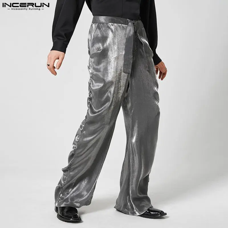 

INCERUN 2023 Men Pants Solid Color Lace Up Streetwear Loose Joggers Shiny Straight Trousers Men Pleated Party Fashion Pantalon 7