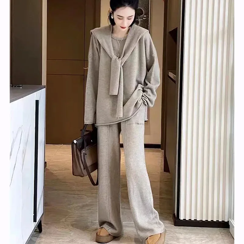 

Fashionable and Lazy Style Pullover Shawl Knitted Three Piece Set for Women's 2023 Autumn Age Reducing Wide Leg Pants Set