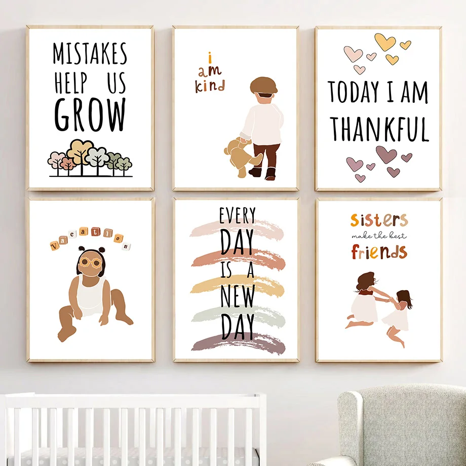 

Cartoon Girl Boy Inspirational Quotes Nursery Wall Art Canvas Painting Nordic Posters And Prints Wall Pictures Kids Room Decor