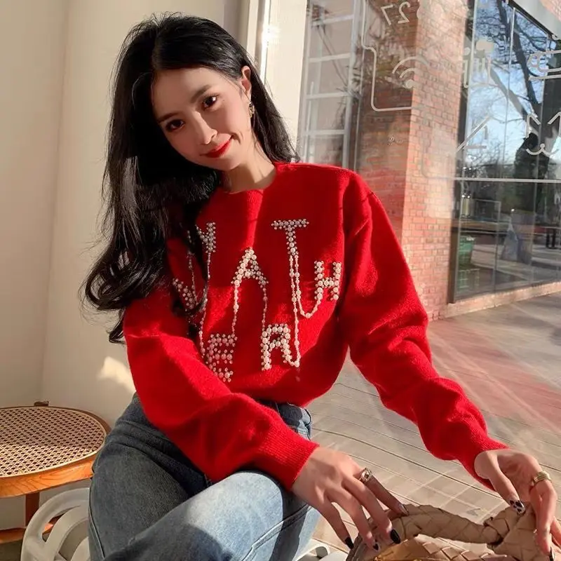 

Loose-fitting Y2k Fashion Tops Sweaters Pullover Red 2023 Korean Women Sweater Spring Fairycore Diamonds Jumper New Autumn Short