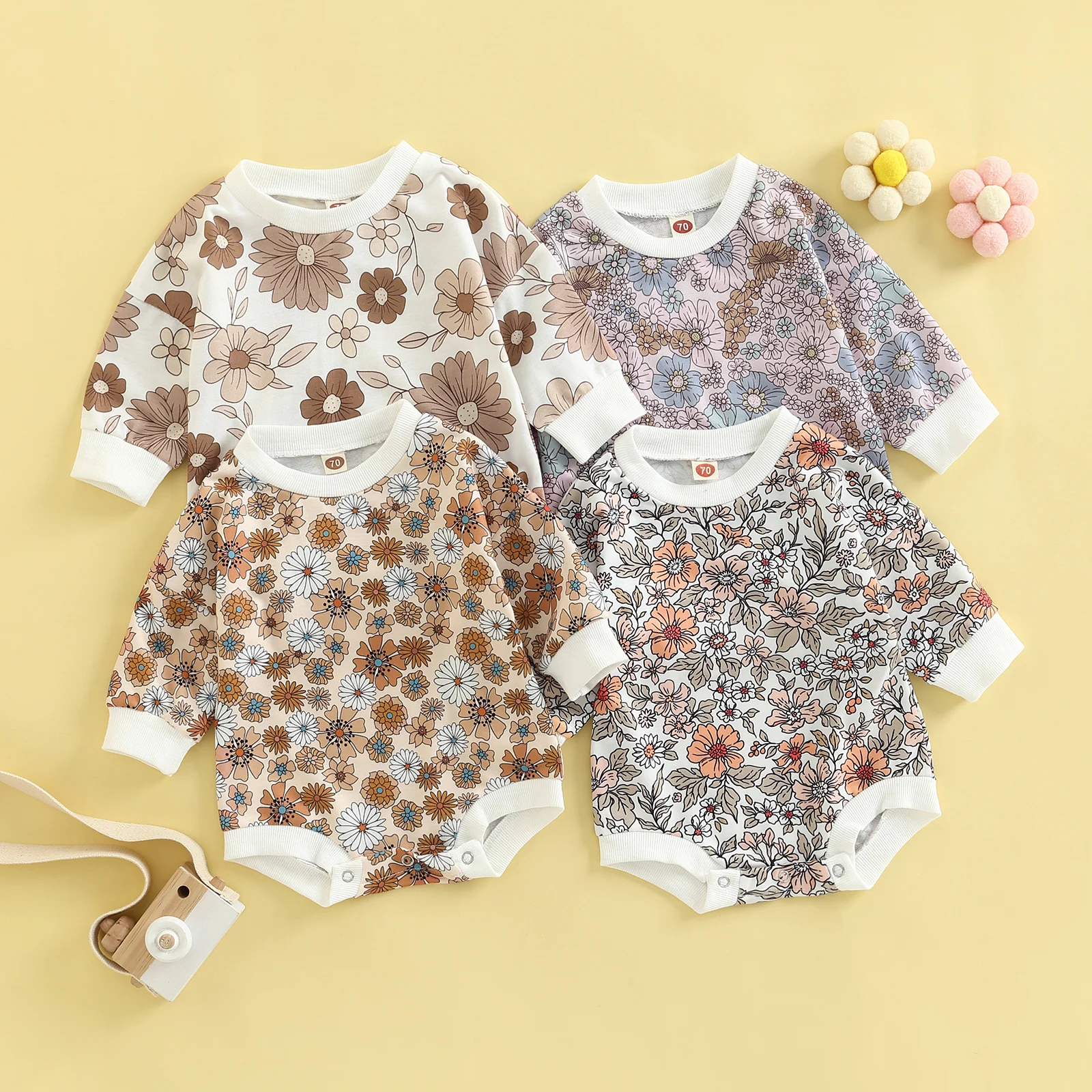 

Bmnmsl Newborn Baby Long Sleeve Romper, Flower Printed Round Neck Patchwork Playsuit, Casual Simple Style Short Jumpsuit