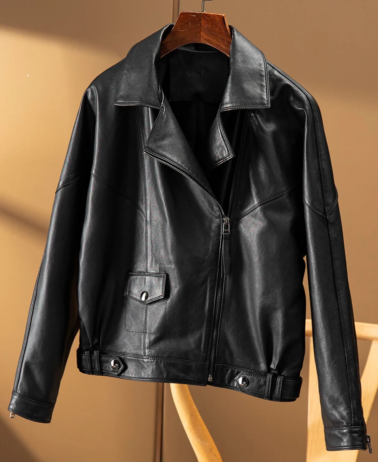 2023 Crop Top Sheepskin  High Street  Zipper  Pockets  Blazer Femme  Turn-down Collar  Spring/Summer  Genuine Leather Jacket