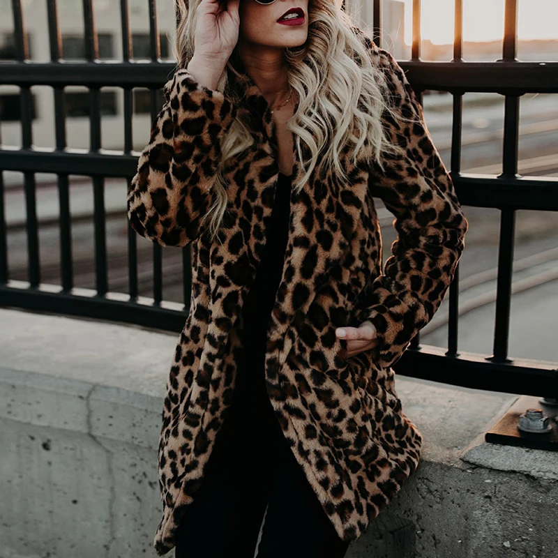 

Women Winter Luxury Leopard Coat Thick Warm Fashion Long Sleeve Print Faux Fur Outerwear Artificial Fur Jacket Plush Clothing