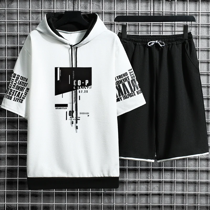 Harajuku Men Summer Set 2022 New Casual Print Hooded T-shirt Shorts Sets Mens Street Hip Hop 2 Piece Fashion Summer Sportswear