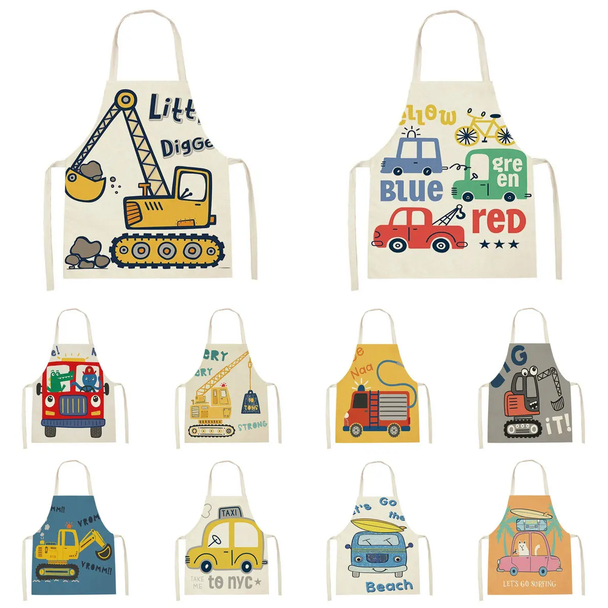 

Printing Apron Home Kitchen Cartoon Excavator Car Linen Apron for Women Men Kids Cake Cooking Cookie Pastry Chef