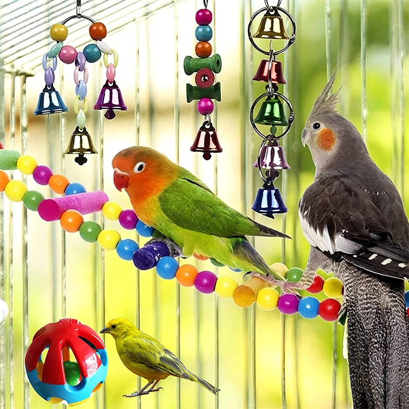 

10PCS Bird Swing Chewing Bite Toys Parrot Hammock Ball Bell Toys Parrot Cage Toy Bird Perch Wood Beads Bridge Hanging Parakeets
