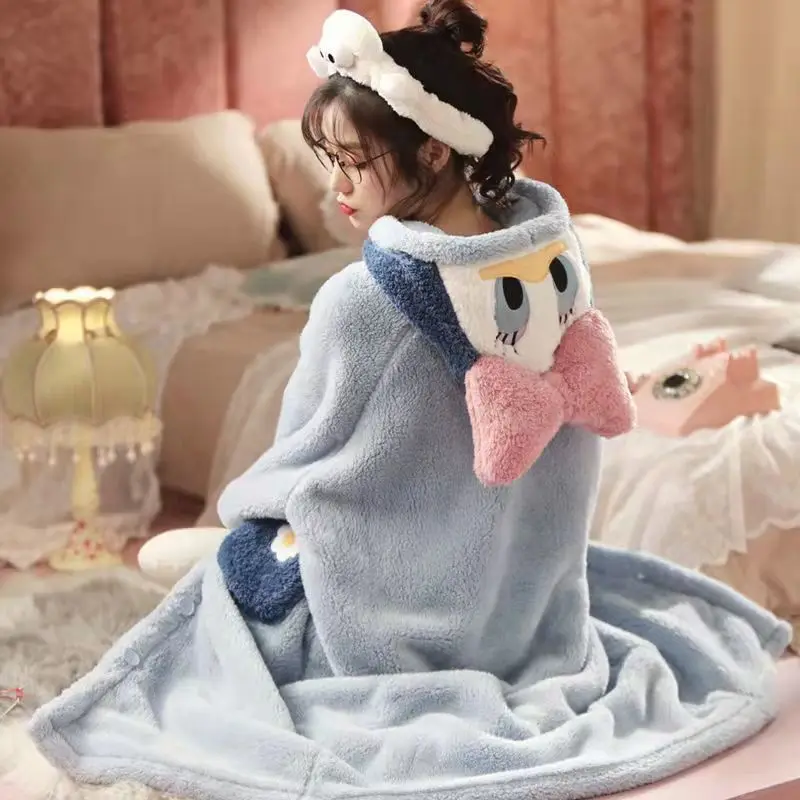 Women Nightgowns Winter Flannel Sweet Sleepwear Hooded Sleepshirts Female Warm Cute Soft Homewear Robe Casual Loose Cozy Pajamas